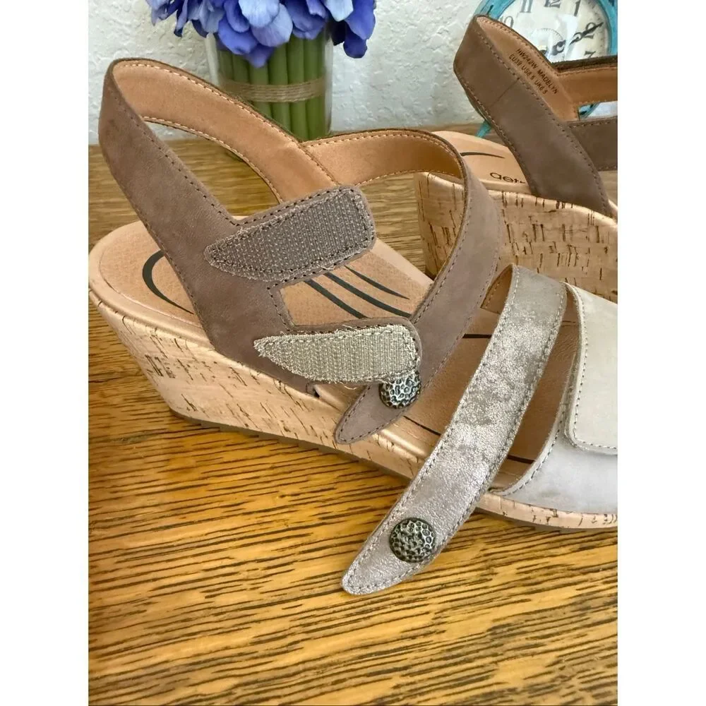 NEW Aetrex Madelyn Quarter Strap Wedge Sandal in Taupe Multi Leather Summer - Picture 6 of 12